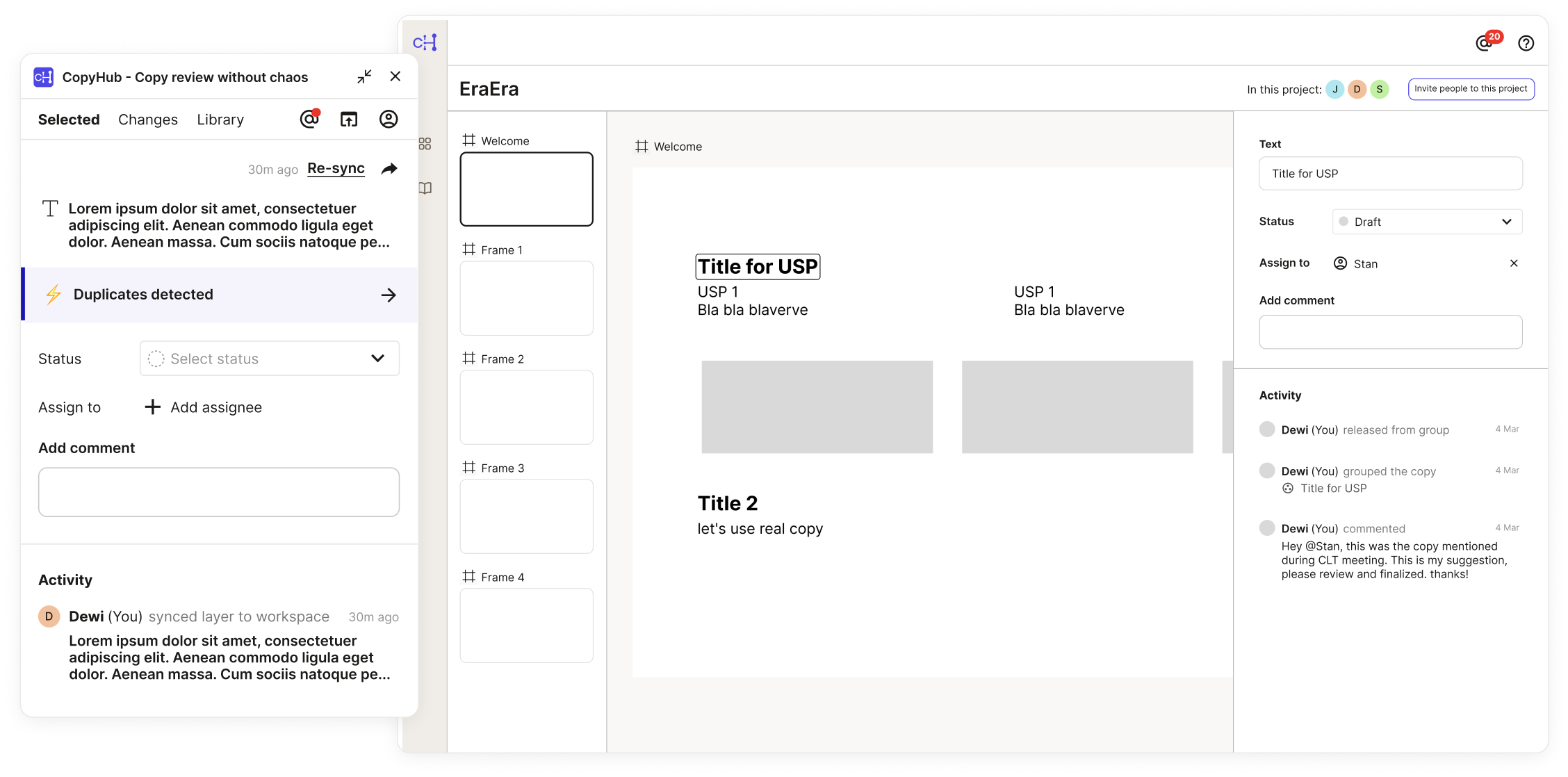 CopyHub app – Figma plugin and workspace side by side